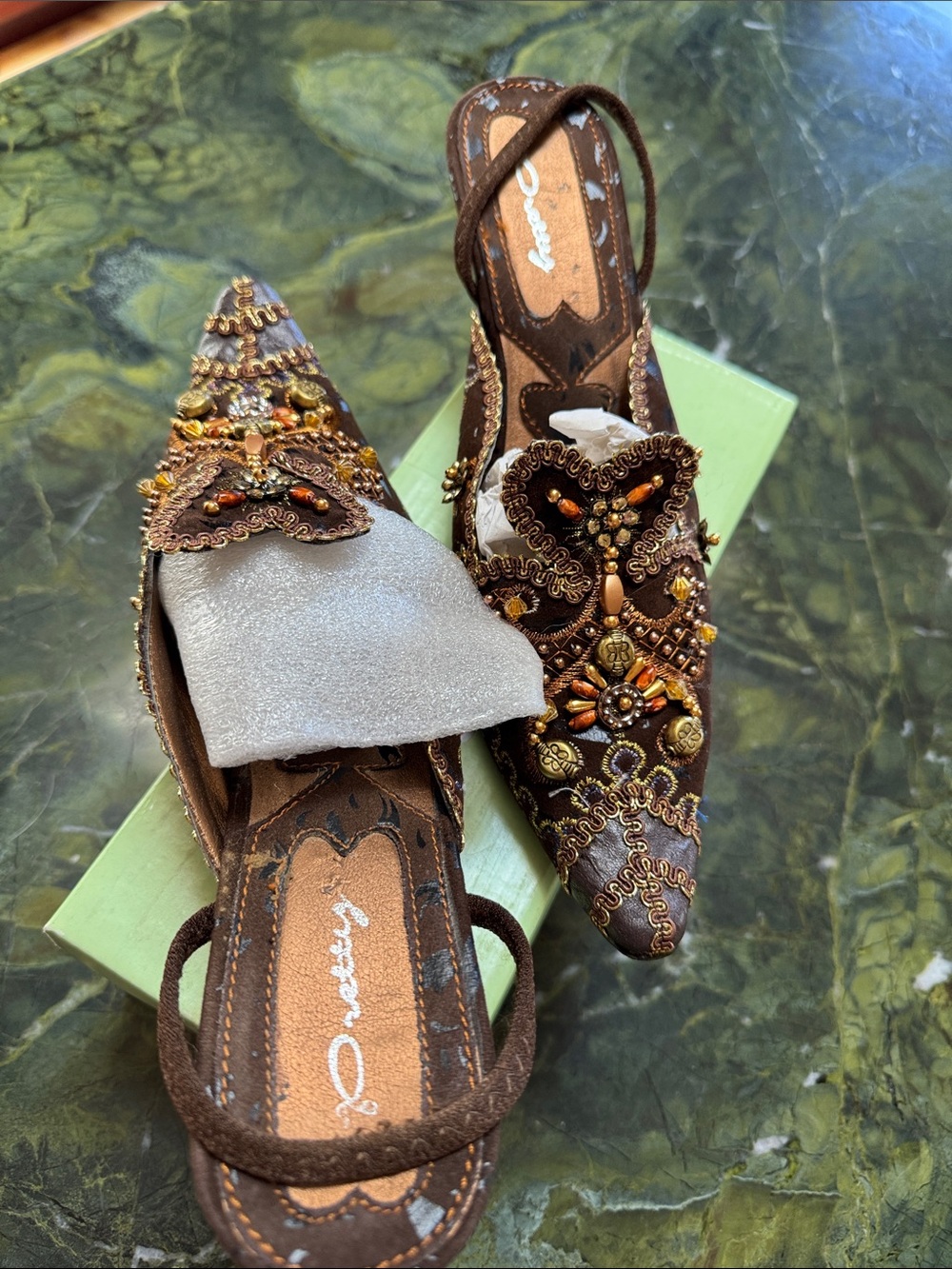 Prettys brown embroidered kitten heel slingback shoes gold stone embellishments.